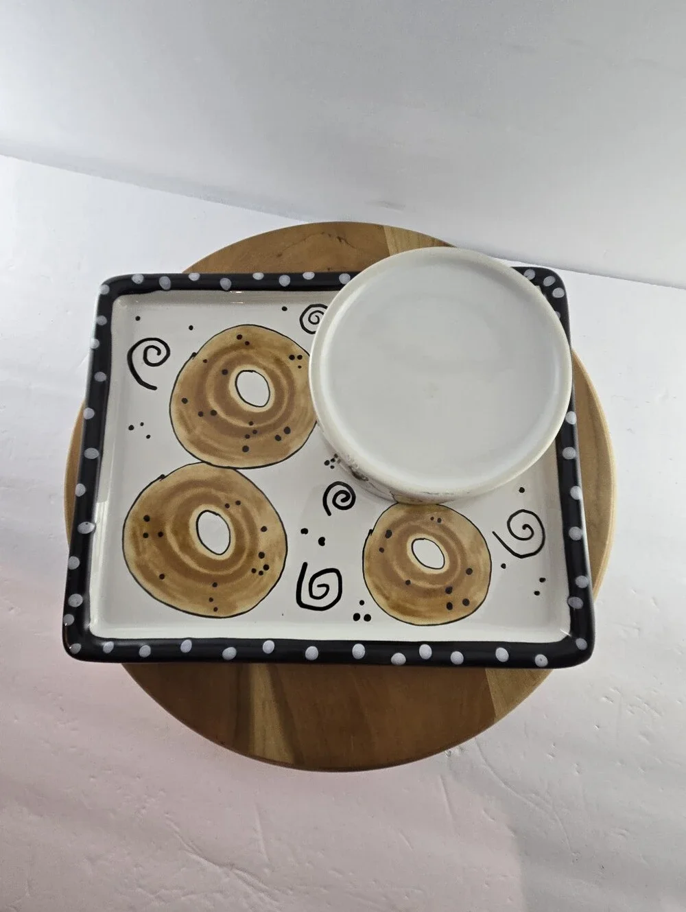 Joanne DeLomba Ceramic Bagel Plate Set Hand Painted 90s Brunch Tray, Vintage
